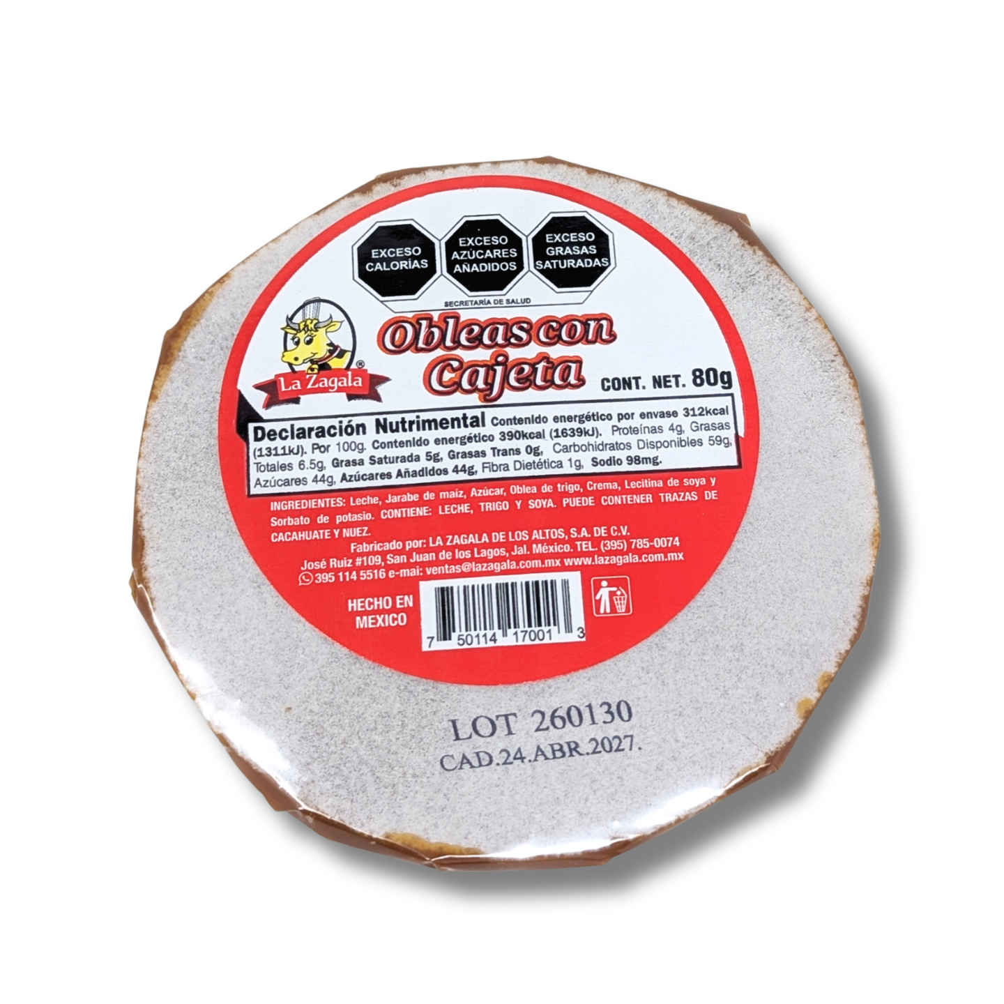 OBLEA CAJETA  80 GR  LA ZAGALA  - PACK 10 OBLEAS