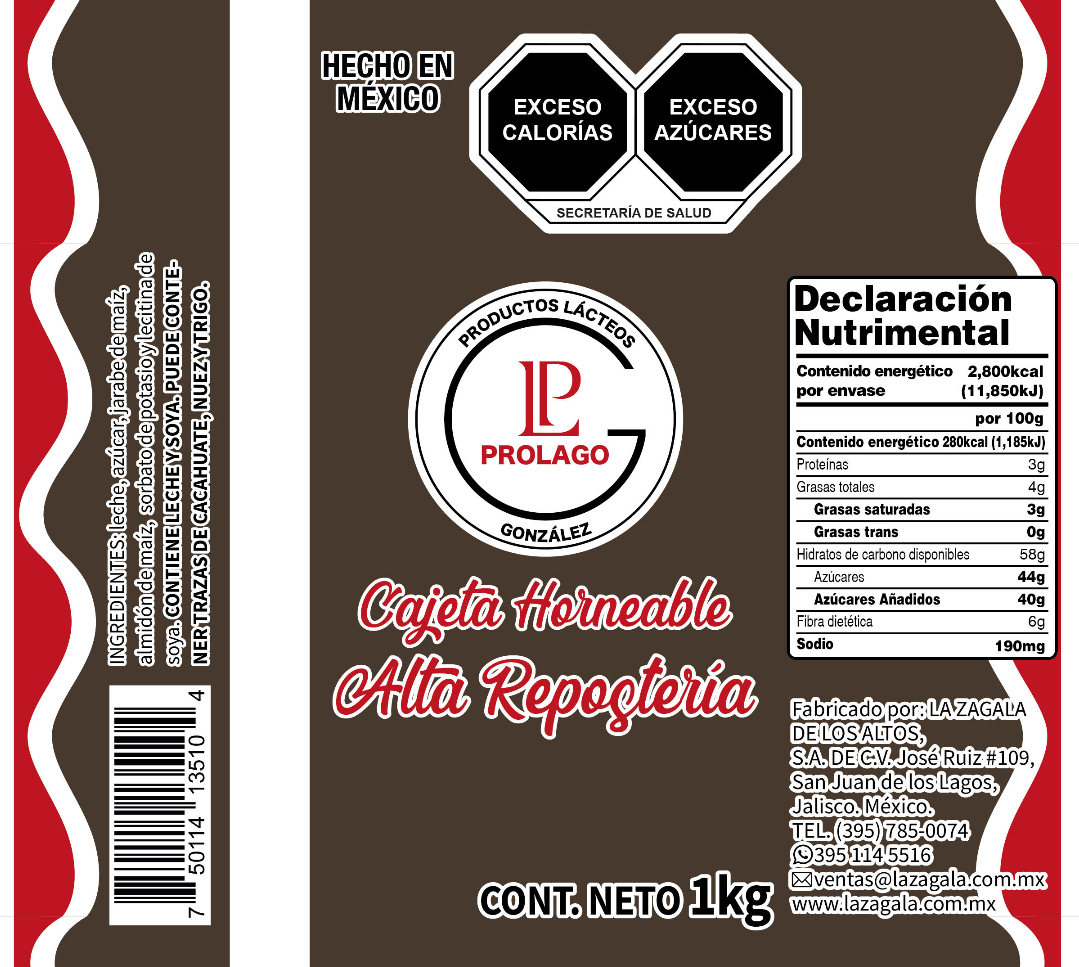 Cajeta Prolago Horneable Alta Repostería Manga 1 Kg